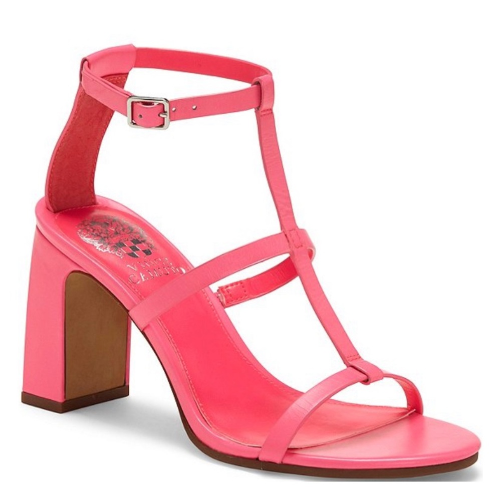 Balindah Leather T Strap Block Heel Sandals Pink